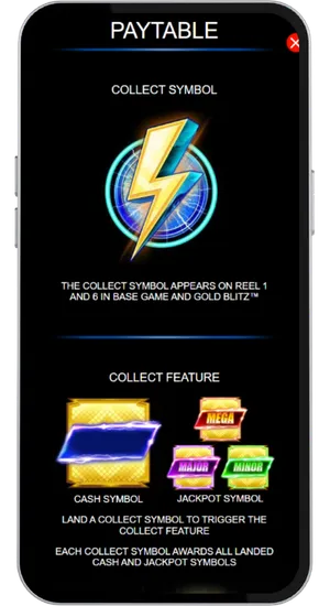 Gold Blitz paytable met collect symbool uitleg