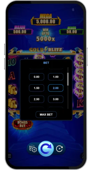 Inzet instellen tussen €0,20 en €50 per spin in Gold Blitz slot